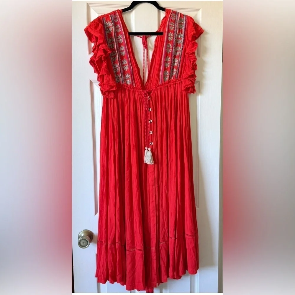 Free People Bali Will Wait For You Boho V Neck Midi Dress Red Embroidered Size S
